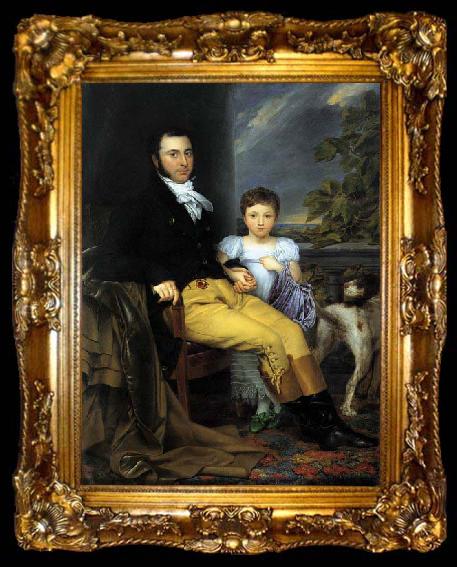 framed  Joseph Denis Odevaere Portrait of a Prominent Gentleman with his Daughter and Hunting Dog, ta009-2